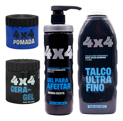Pack De 4 Piezas 4x4 Cera, Gel Para Afeitar, Talco Y Pomada